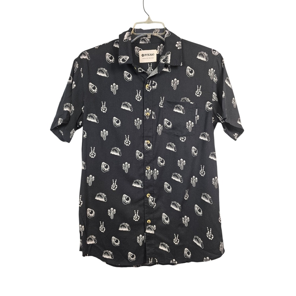 Pyknic No Problemo Black Button Down Shirt Taco Cactus Skeleton Print Men Size M